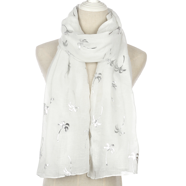 FOXMOTHER Spring Summer White Grey Navy Coconut Tree Shiny Silver Foil Scarf Glitter For Womens: White