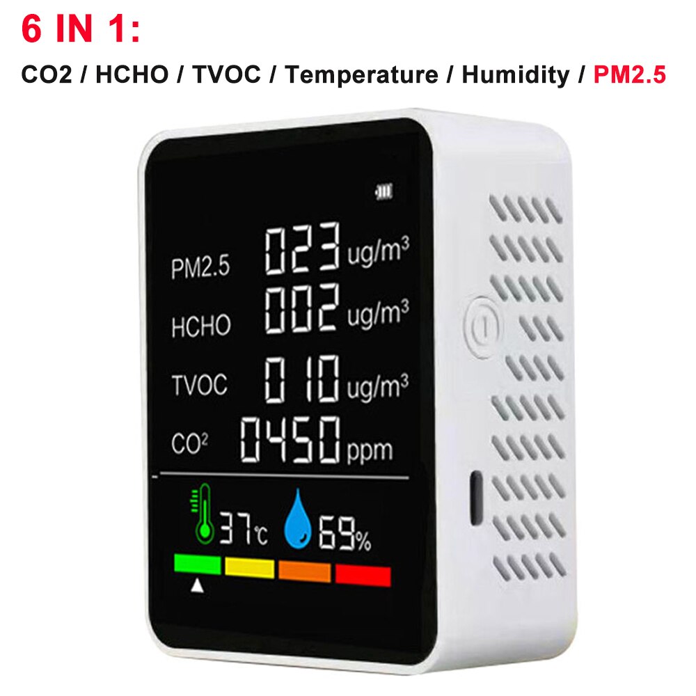 Multifunctionele 6 In 1 CO2 Meter Digitale Temperatuur Vochtigheid Tester Co2 Sensor Tvoc Hcho CO2 PM2.5 Detector Luchtkwaliteit Monitor: 6 in 1 White