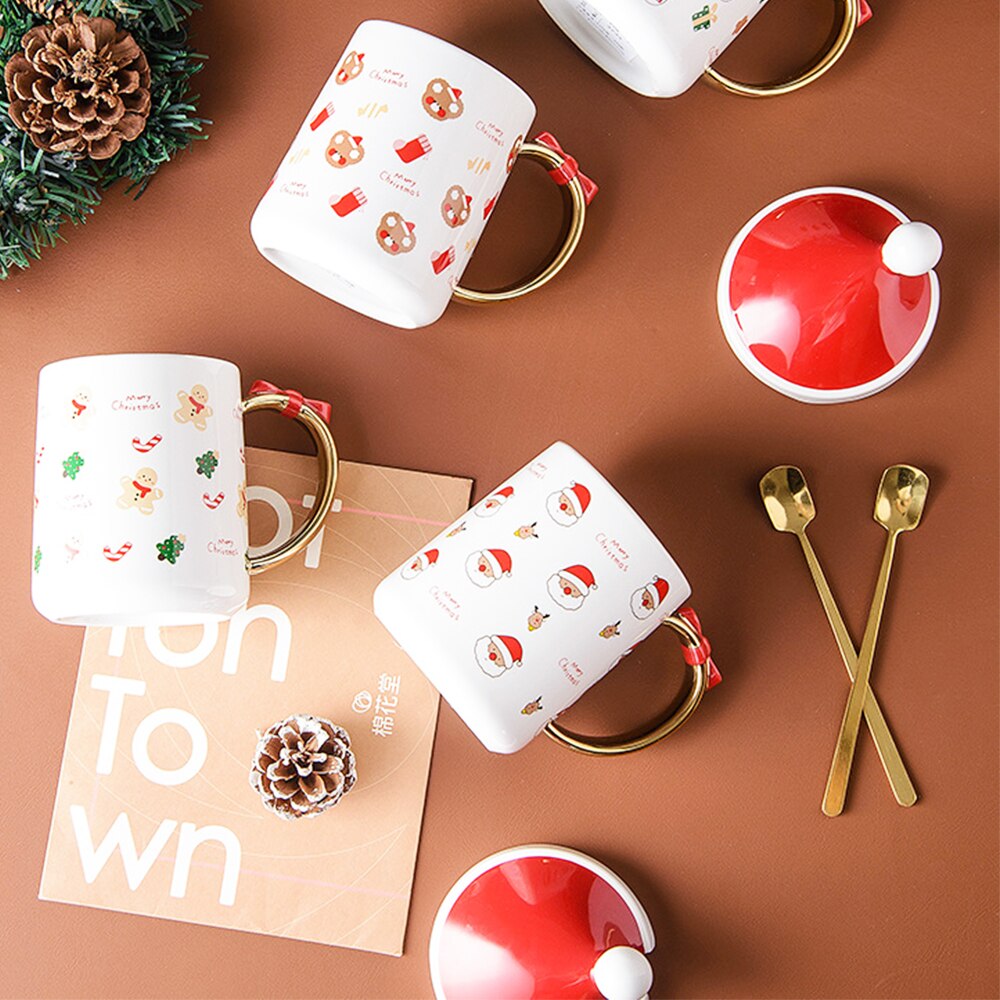 Tapa con forma de sombrero de Navidad, vaso de agua de caballo de cerámica de dibujos animados, oso de muñeco de nieve de Santa Claus con cuchara, taza de café, vasos de , 400ml