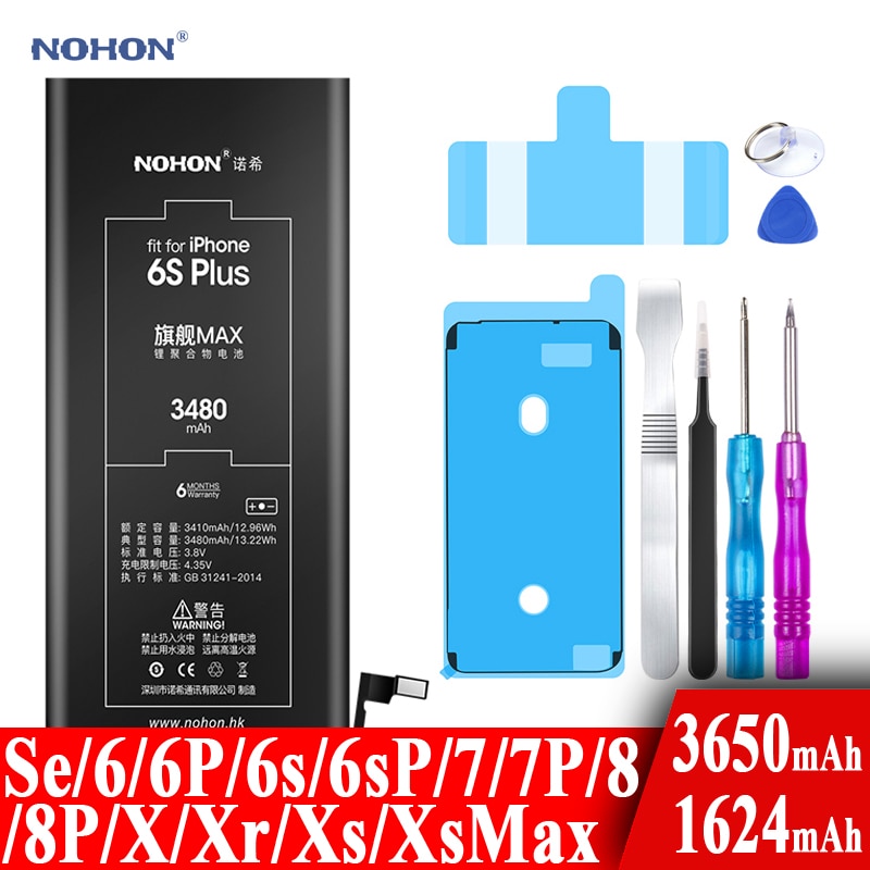 Nohon Battery For Apple iPhone 6s 6 7 8 Plus SE X Xr Xs Max 6sPlus 6sP 6P 7P 7Plus 8P iPhoneSE 1624mAh-3650mAh Batteries +Tools