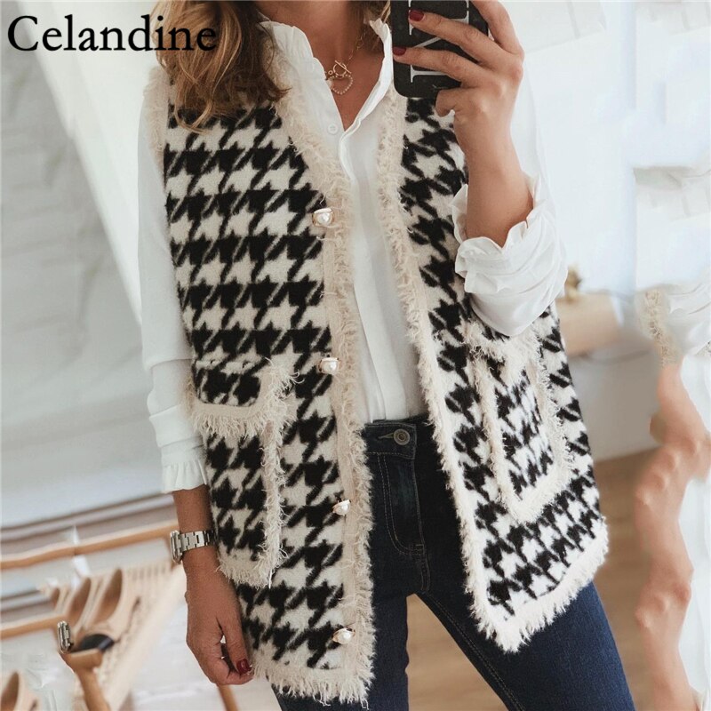 Celandine hiver noir pied-de-poule Long pull gilet femmes sans manches veste dames décontracté manteau col en V Cardigan femme