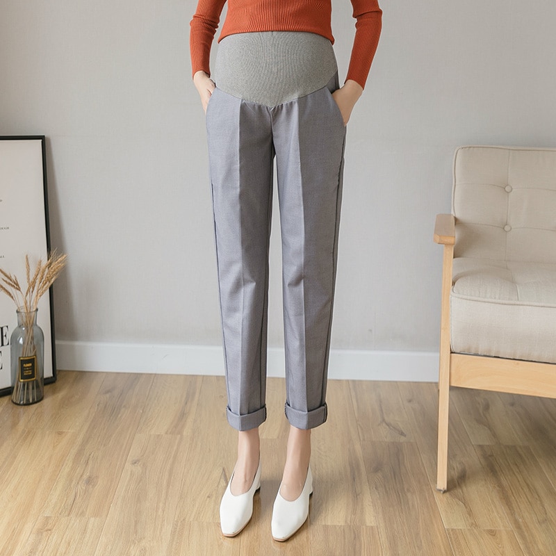 Summer Pregnant Women Trousers Full Length Maternity Clothes Formal Belly Pants Office Lady Pencil Pants: 218Gray / XL