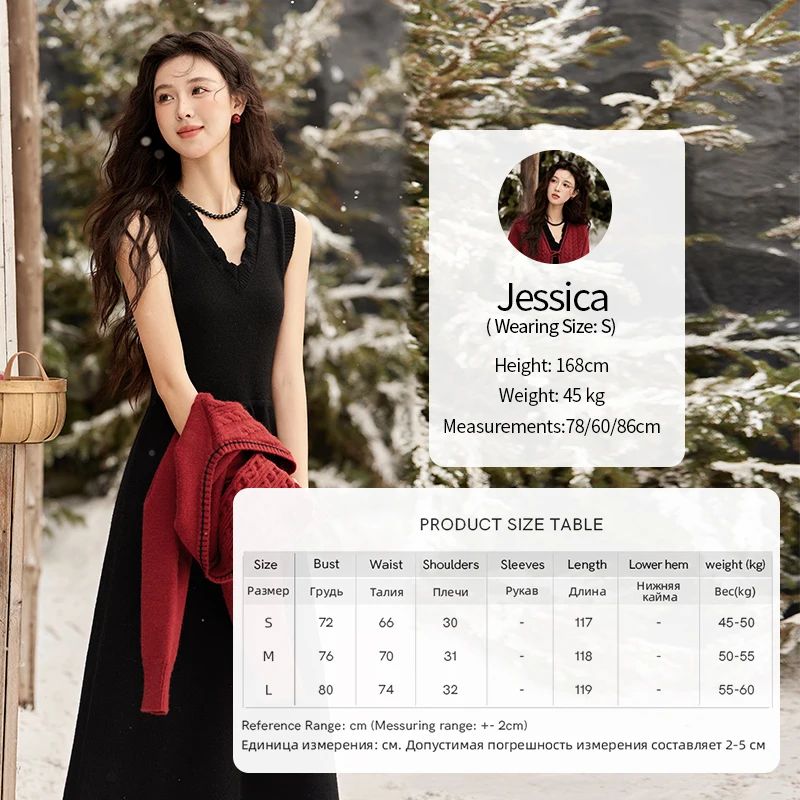 MISHOW Red Knitted Cardigan V-Neck Midi Dresses Separately A-LINE Temperament Grace Dress Flower Lace-up Warm Coat MXD58L2085: M / black