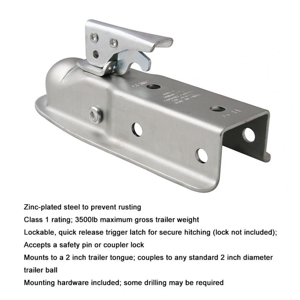 Straight Tongue Trailer Coupler Zinc-plated Quick Release Silver Carbon Steel Ball Coupler For 2 inch Ball Hitch 3500lbs
