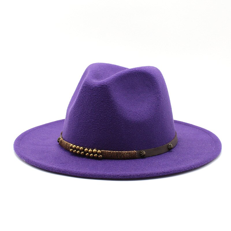 Women Men Wool Vintage Gangster Trilby Felt Fedora Hat Wide Brim Leopard Belt Gentleman Lady Winter Autumn Jazz Cap: purple