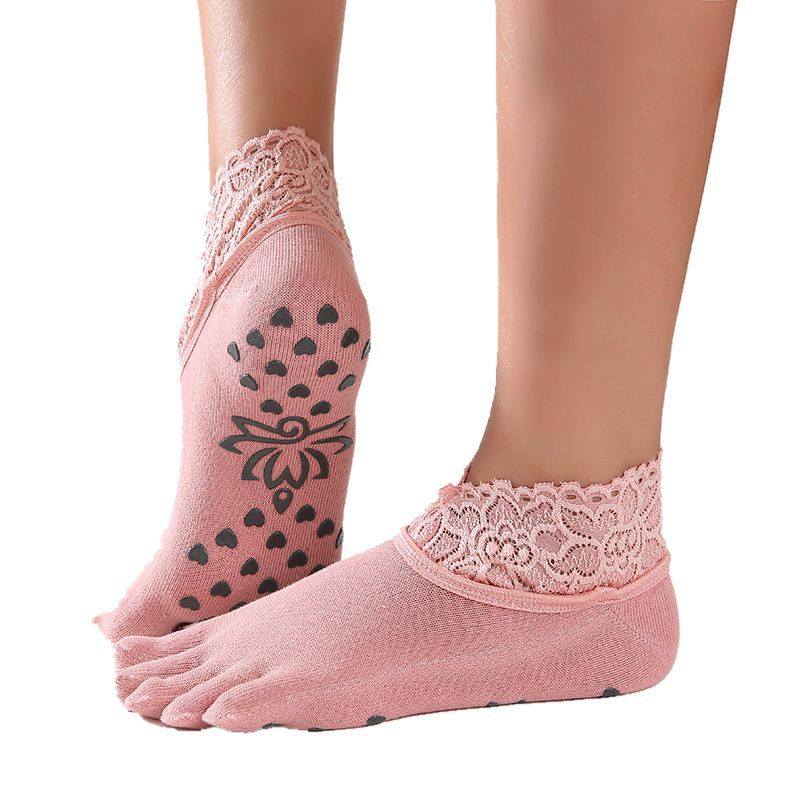 1 pair Women Yoga Five Toe Anti-Slip Ankle Grip Socks Dots Pilates Fitness Gym Socks Ladies Sports Socks With Lace: B Pink