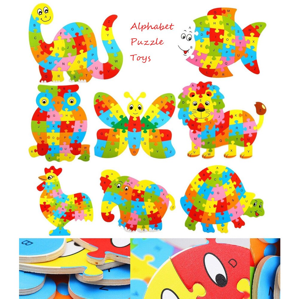 Kids Baby Wooden Wood Animal Puzzle Numbers Alphabet Learning Educational Toy develop counting and identify colours