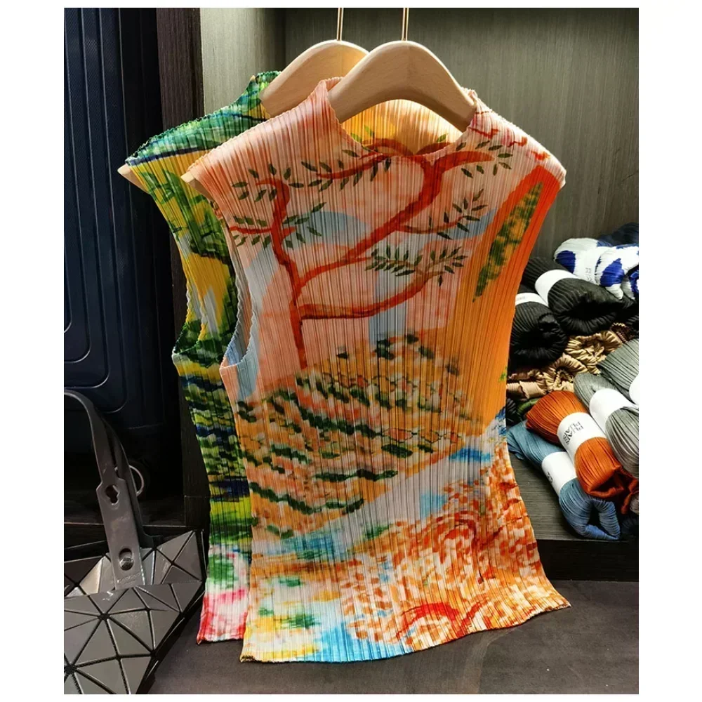 Camiseta plisada de Original para mujer, Tops con estampado de flores plisadas, informal, ropa Retro holgada fina para mujer 2025
