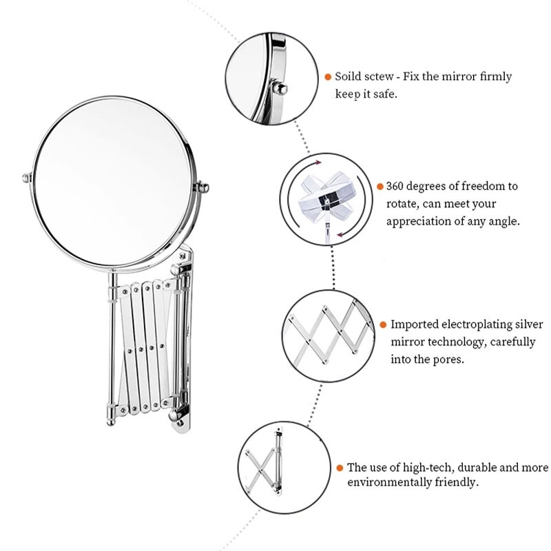 Miroir de salle de bain, miroir de vanité mural avec grossissement 3X ou 5X, miroir de maquillage Double face, pivotant à 360 °, bras pliable