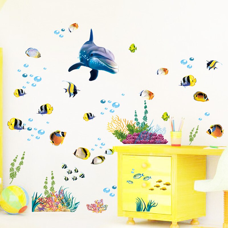 Dolphin Fish Aquarium Ocean Wall Sticker For Kids Rooms Bathroom Kitchen Home Decor Cartoon Animals Decals Pvc Mural Art