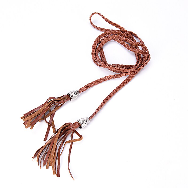 Cinturón de cuerda de cintura estrecha para mujer, sencillo, de cuero PU, con borlas trenzadas, vida diaria, 1 ud.: Brown