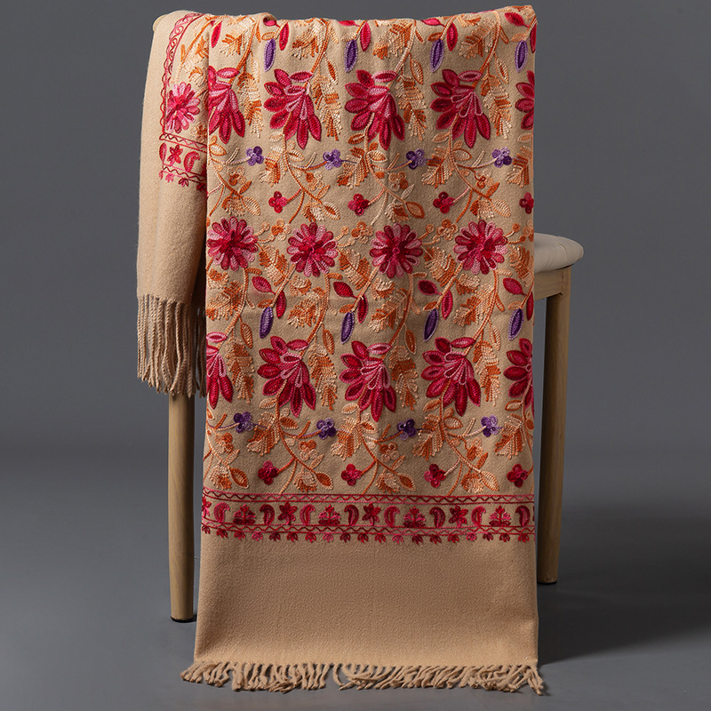 Bufanda de Cachemira con bordado Floral de lujo para mujer, chal cálido de invierno, Pashmina suave y grueso, Foulard, manta con borlas para mujer, bufandas: Caqui