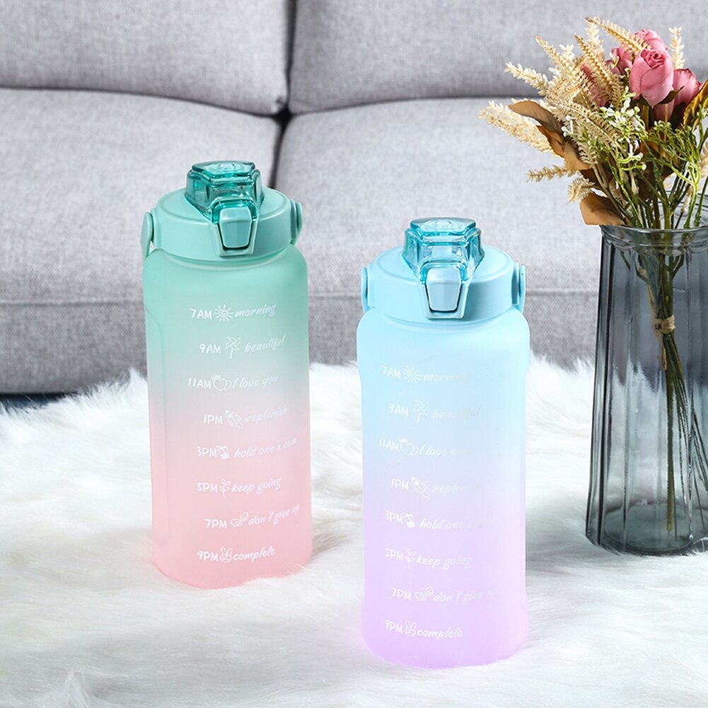 2000ML Large-Capacity Water Bottle With Time Scale Reminder Elastic Straw Sports Bottle Keak-Proof Frosted Outdoor Drinkware Fit
