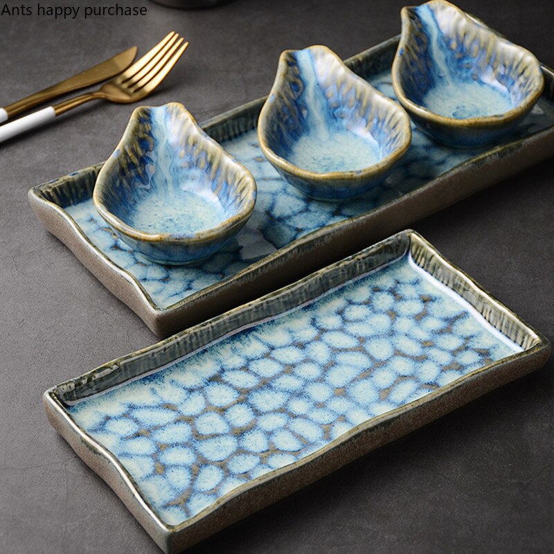 Rectangular Sushi Dish Kiln Turns Blue Ceramic Plate Square Western Steak Plate Home Tableware Dishes Dinner Plates Taste Dish