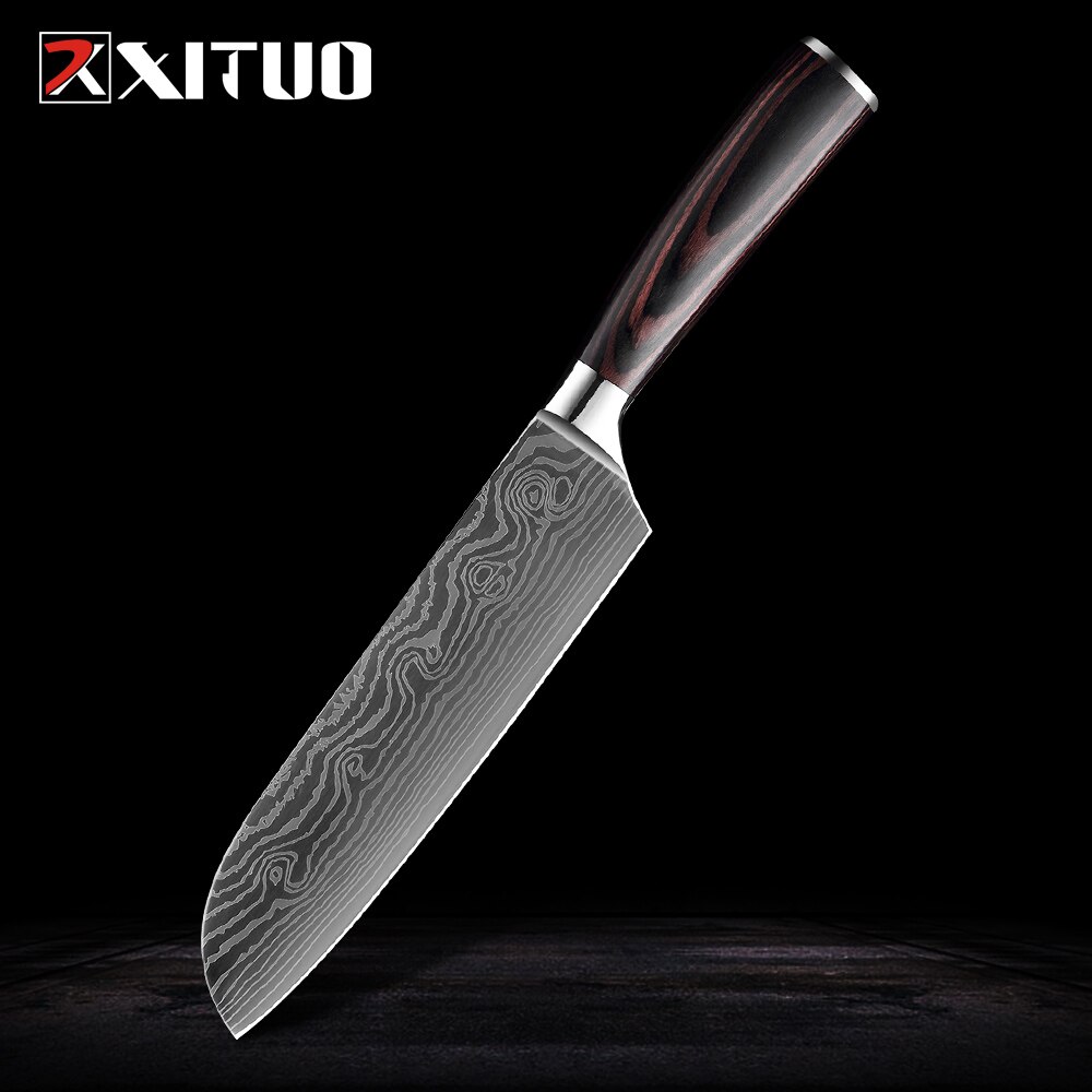 Xituo rustfrit stål køkkenknive sæt japansk kokkniv damaskus stål mønster nytte paring santoku skive kniv sundhed: 7 in santoku knive