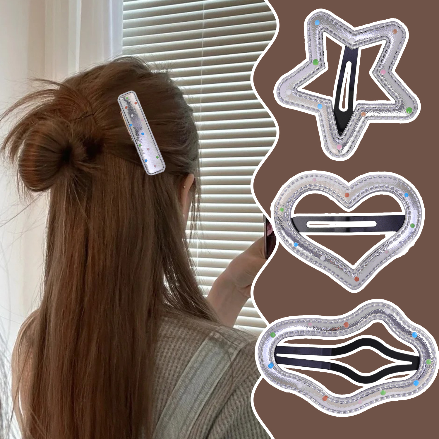 Horquillas plateadas de PU Y2K, pinzas para el cabello de varios estilos, estrellas BB, horquillas con Clip, pasador lateral bonito, accesorios para el cabello para mujer