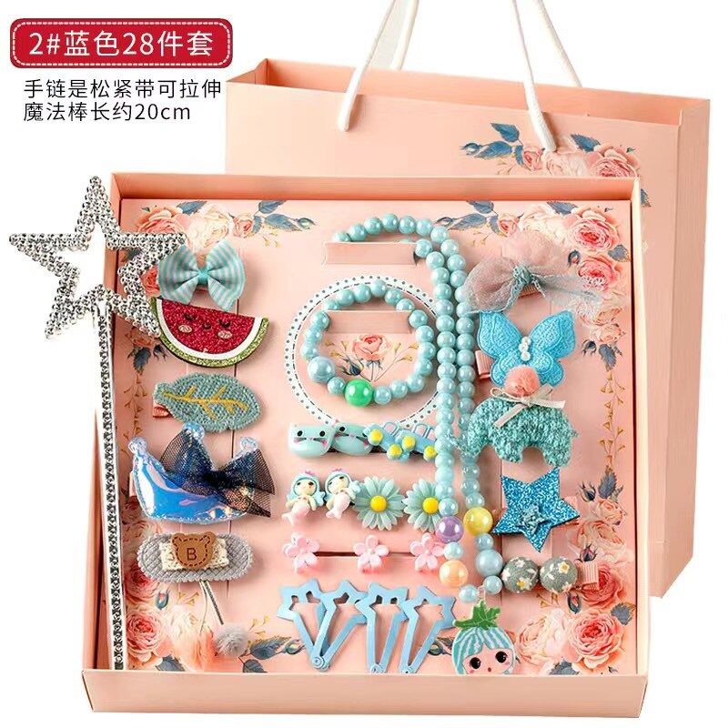 28 Stks/set Kids Hoofddeksels Set Baby Meisje Haarspelden Boog Haar Accessoires Met Doos Leuke Baby Hoofdband Haar Clips Verjaardag: 2Blue
