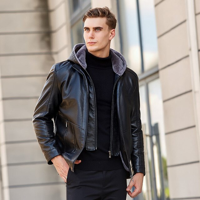 Hooded PU Jacket Warm Men