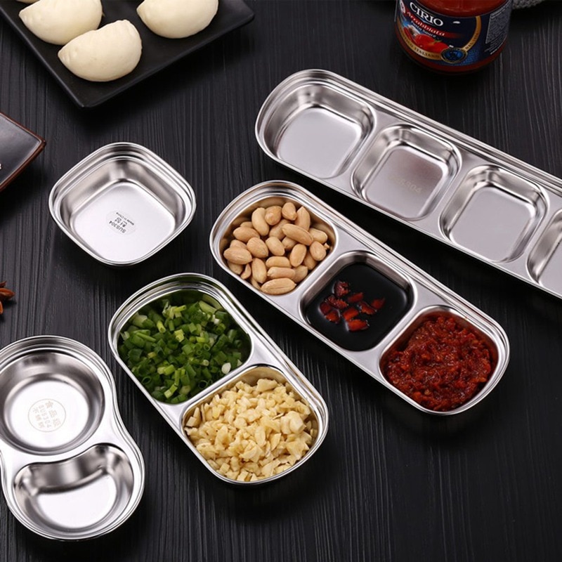 Barbecue Dipping Dish Stainless Steel Condiment Bowl Three Grilles Soy Sauce Vinegar Sauce Divided Es