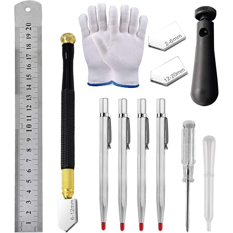 Oil Feed Glass Cutter Kit,Glass Cutting Tool With Handle, Ruler, Scriber Pen Etc, For Cutting Mirror, Tile And Glass: Default Title
