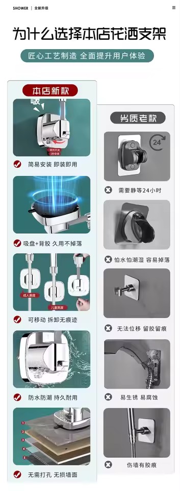360° Adjustable Non Punching Bathroom Handheld Shower Stand ABS Adjustable No Drilling Wall Mount Bracket