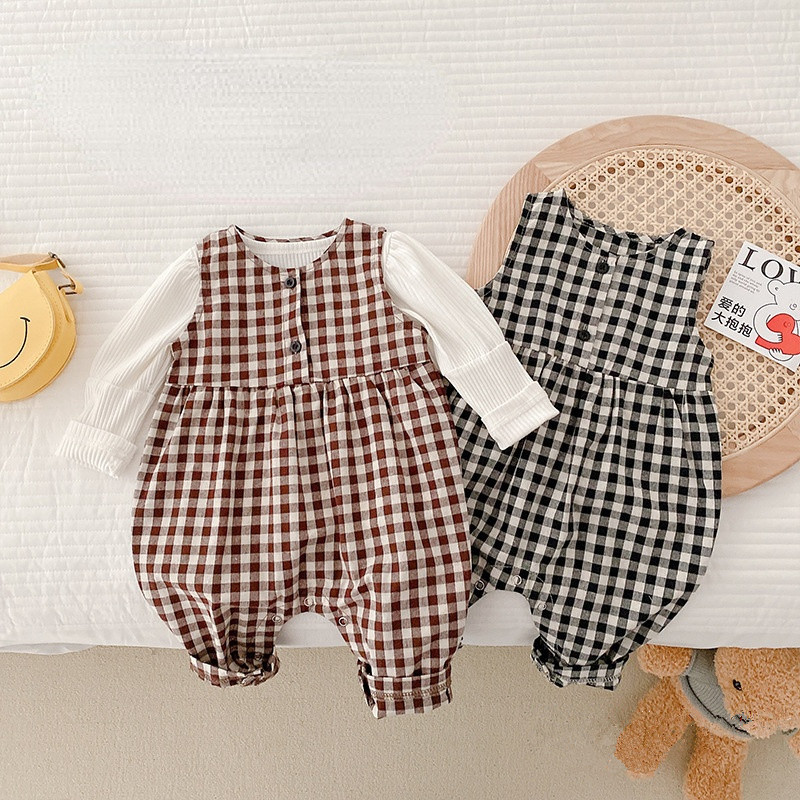1407C Baby Clothes Check Jumpsuit Spring Summer Newborn Clothes Sleeveless Baby Boy One Piece Clothes Girl&#39;s Overall