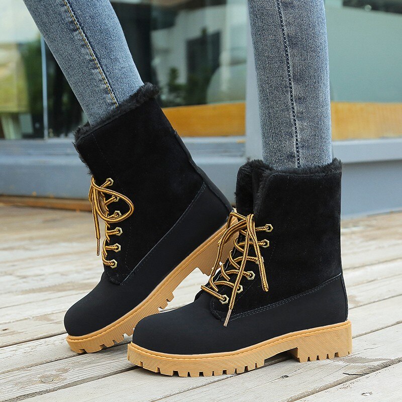 Bottes d'hiver en fourrure à plateforme pour femmes, chaussures d'extérieur, en peluche, résistantes, à talons bas, solides, ,