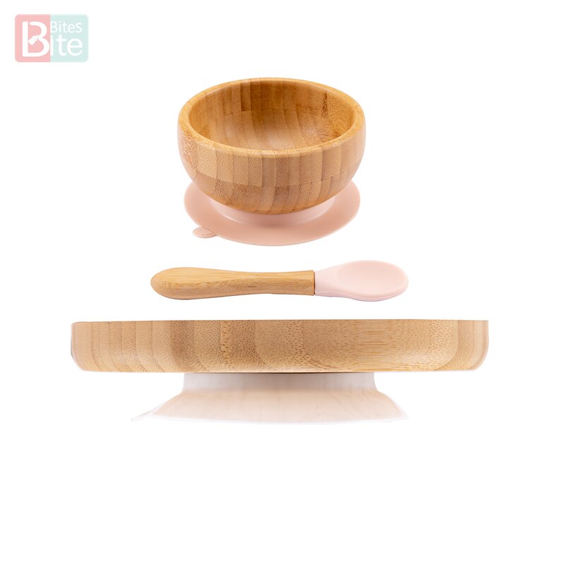 Bol en bambou d'alimentation pour bébé, cuillère anti-éclaboussures en Silicone assiettes à dîner pour bébé vaisselle pour nourrissons 3 pièces/ensemble: beige