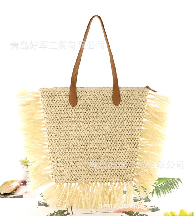 raw edge mustache tassel straw bag large capacity shoulder woven bag casual female beach handbag Woman shopping bag: beige