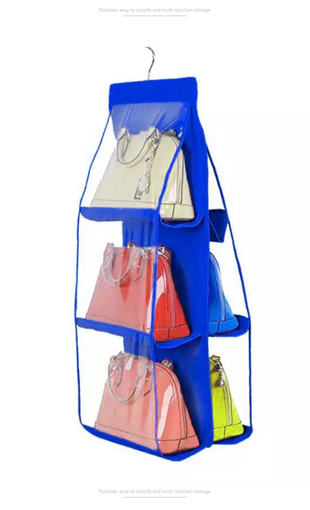 6 Pocket Folding Hanging Handbag Purse Storage Large Clear Holder Anti-dust Organizer Rack Hook Hanger Rack Bag: Blue