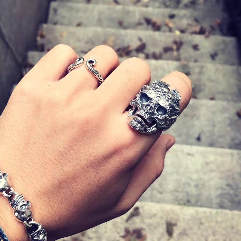Mens Cool Boys Stainless Steel Skull Ring Vintage Punk Titanium Biker Jewelry
