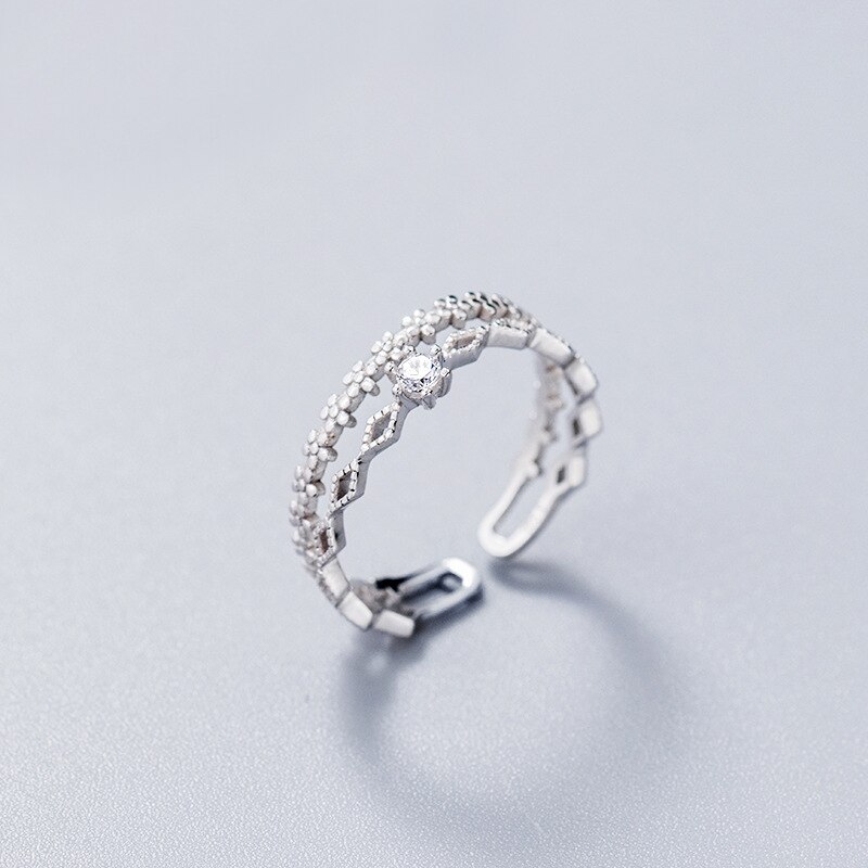 MloveAcc Authentische 100% 925 Sterling Silber Doppel Geometrie Blume aufbringen CZ Einstellbare Öffnen Ringe für Frauen 925 Ring Schmuck