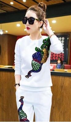 Spring Women's Casual Suits Female Peacock Phoenix Sequins Tracksuits Clothes Woman 2 Piece Set Plus Size: White / S