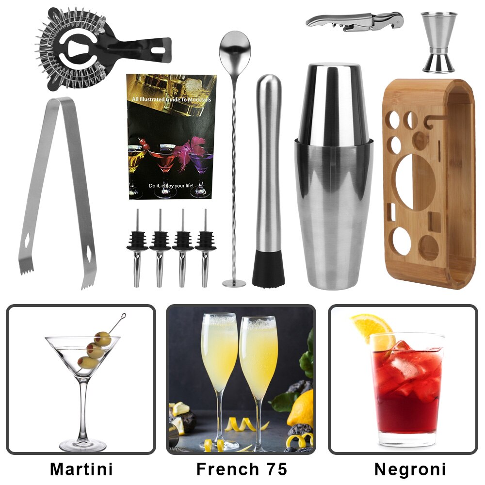 Jigger Mixing Spoon Tong Bars Mixed Drinks Bartender Tools Wood Storage Stand Barware Mocktail Tools Cocktail Shaker Set