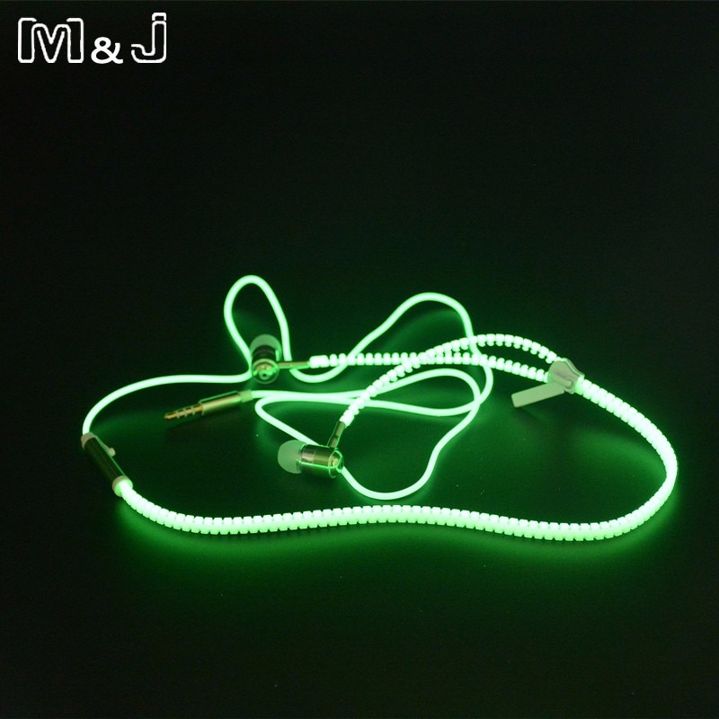 ! m & j glødende øretelefon lysende lys metal lynlås øretelefoner lyser i mørket til iphone samsung xiaomi  mp3 med mikrofon