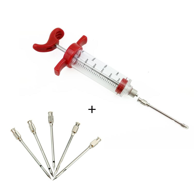 1 Pc 30 Ml Marinade Injector + 5 Pcs Rvs Marinade Injector Naald Set Vlees Marinade Flavour Syring Koken injector: Red