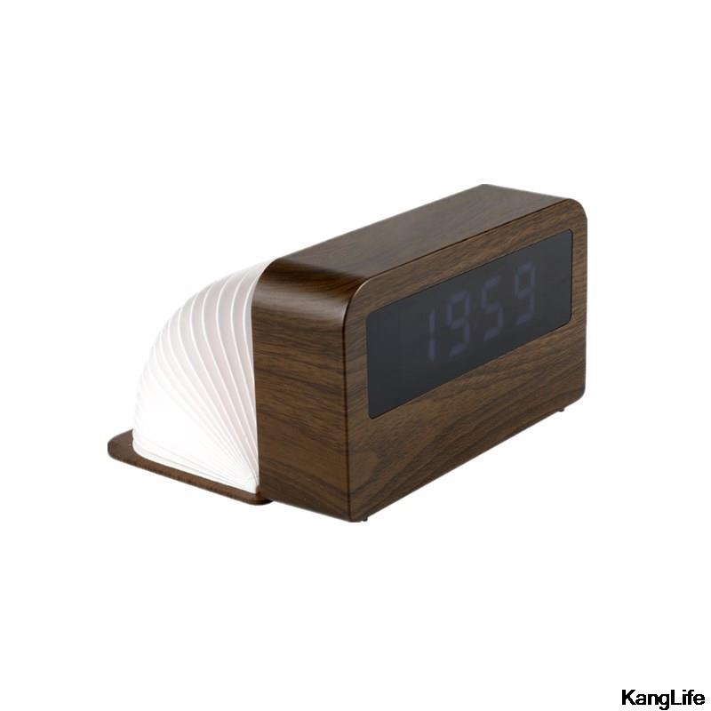 Houten Klok Tijd Licht Desktop Flip Folding Led Book Light Slaapkamer Nachtkastje Usb Opladen Kleurrijke Nachtlampje Homedecorations: Bruin