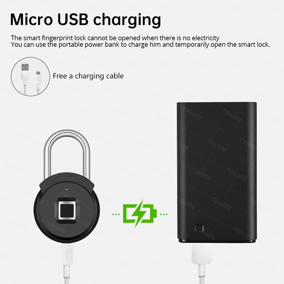TOWODE Bluetooth Fingerprint Unlock Door Padlock Portable Smart Waterproof Keyless Lock USB APP Control Android IOS Phone