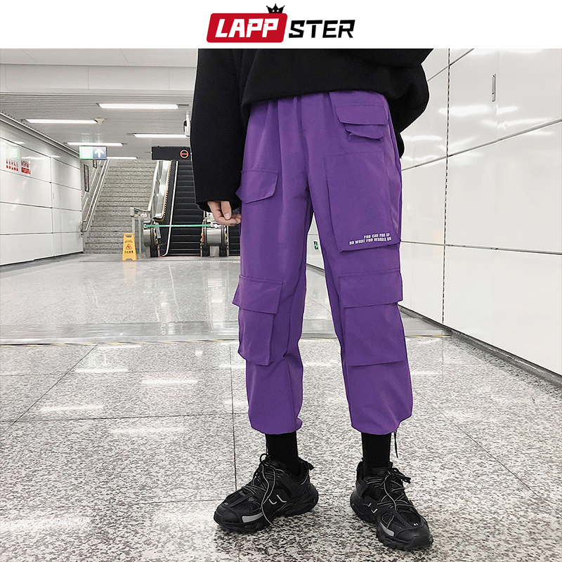 Lappster heren streetwear cargobroeken overalls heren baggy hiphop joggingbroeken broekzakken harembroek paarse joggingbroek koreaans