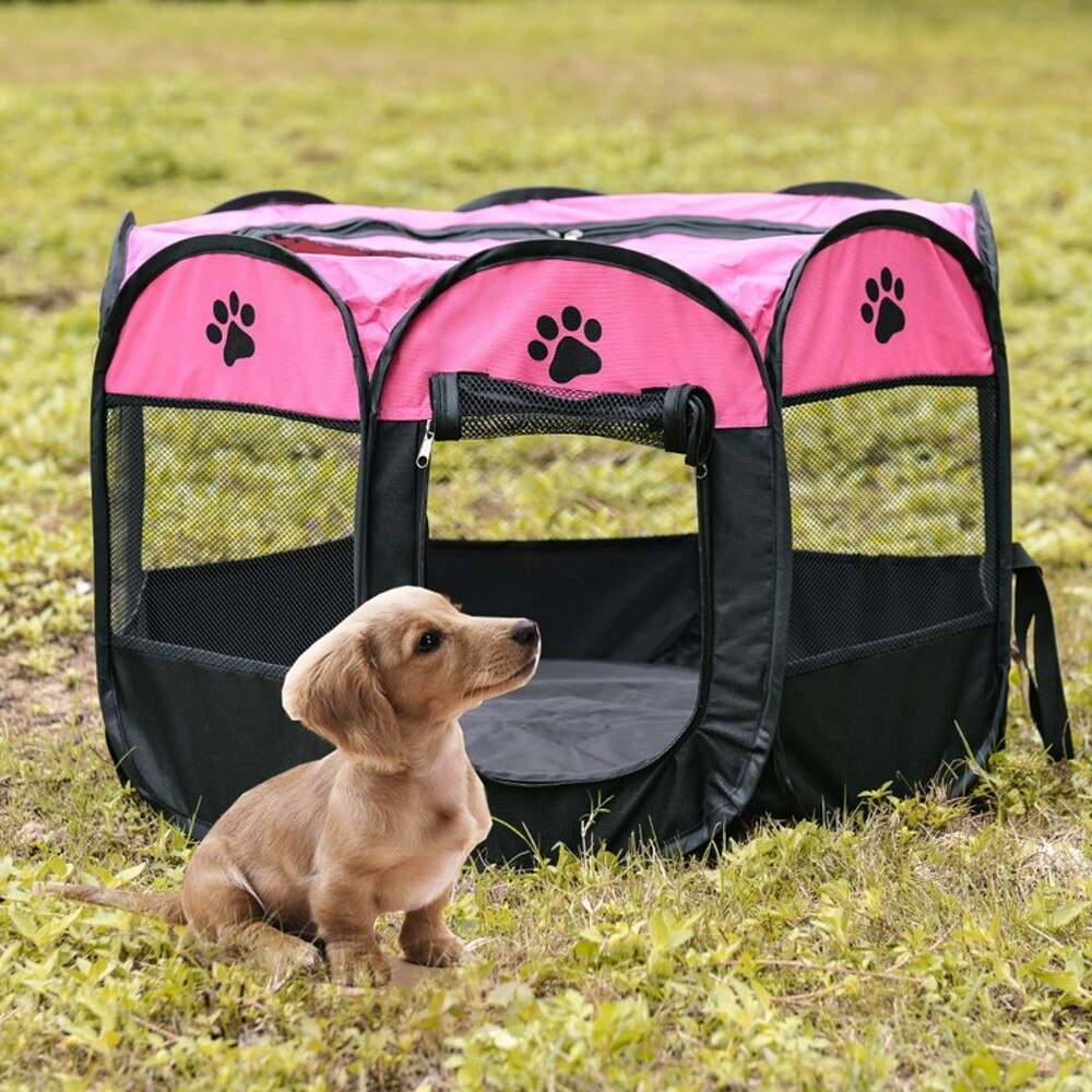 Portable Outdoor Dog Kennels Fences Pet Tent Folding Dog House Cage Dog Cat Tent Playpen Puppy Bed Waterproof Pet Fence: Rose Red / 91x91x58cm