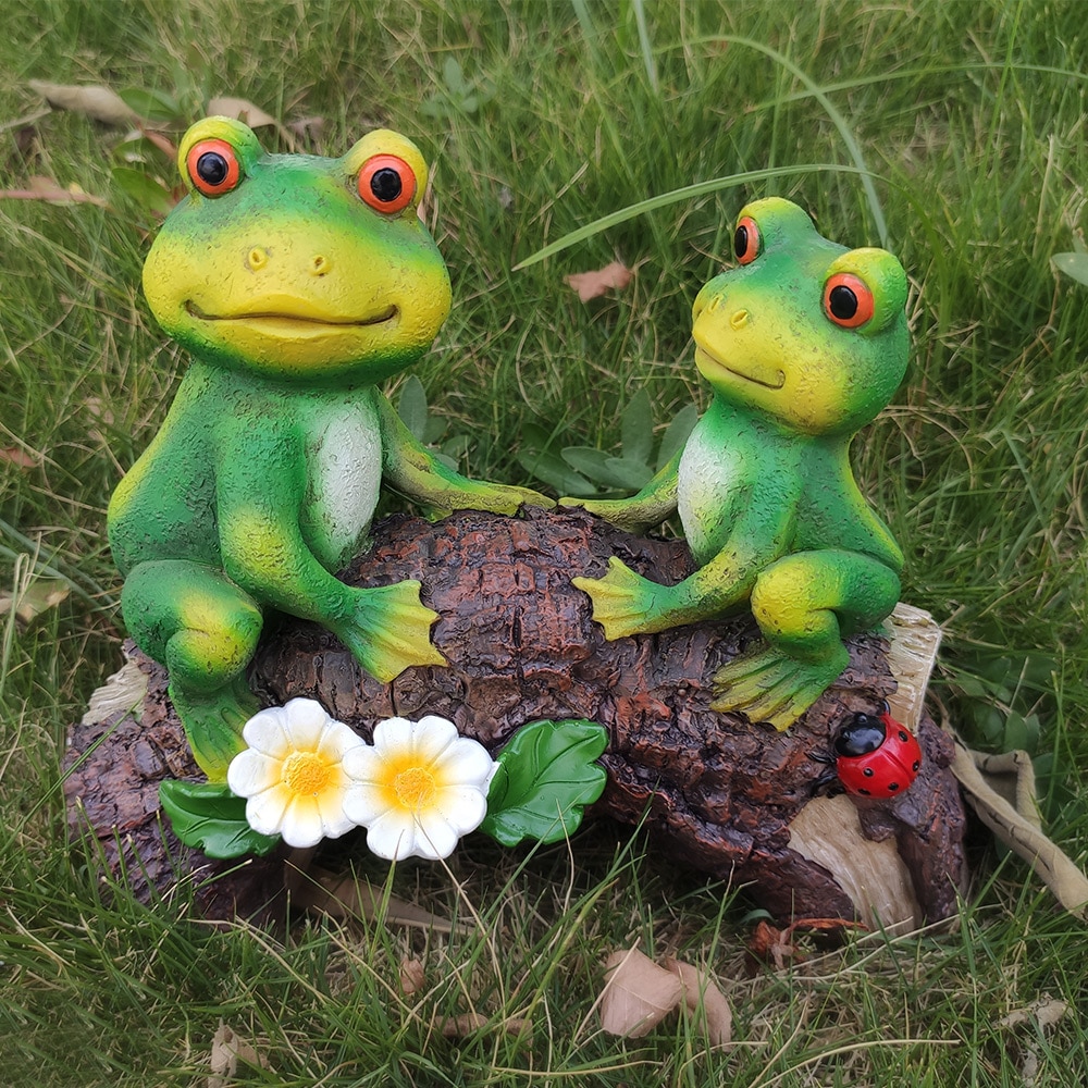 Haitianhome St. Patricks Day Frog Statue Garden Decor, Resin 2 Frogs On Stone Figurine For Indoor Outdoor Decoration Sculpture Gardening Gift