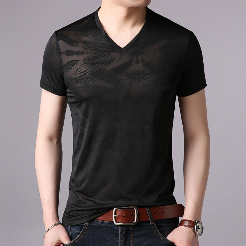 Merk t-shirt heren v-hals ijs zijde zomer tops streetwear trending effen kleur korte mouwen t-shirt herenkleding: Zwart / Xl