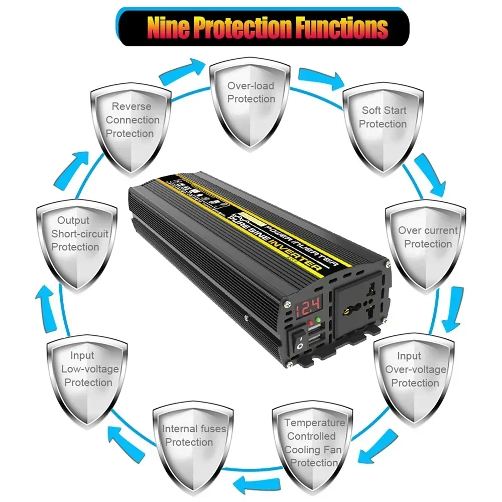 DC12V zu AC 220V Konverter Reine Sinus Welle Energie Wandler 3000W-8000W Spannung Transformator Intelligente Digital Anzeige Auto Hause