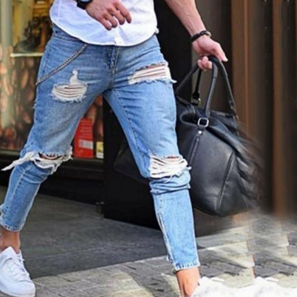 Men's Denim Pant Stretch Destroyed Ripped Hole Pants Ankle Pants Zipper Skinny Jeans For Men Plus Size Jeans M-3XL