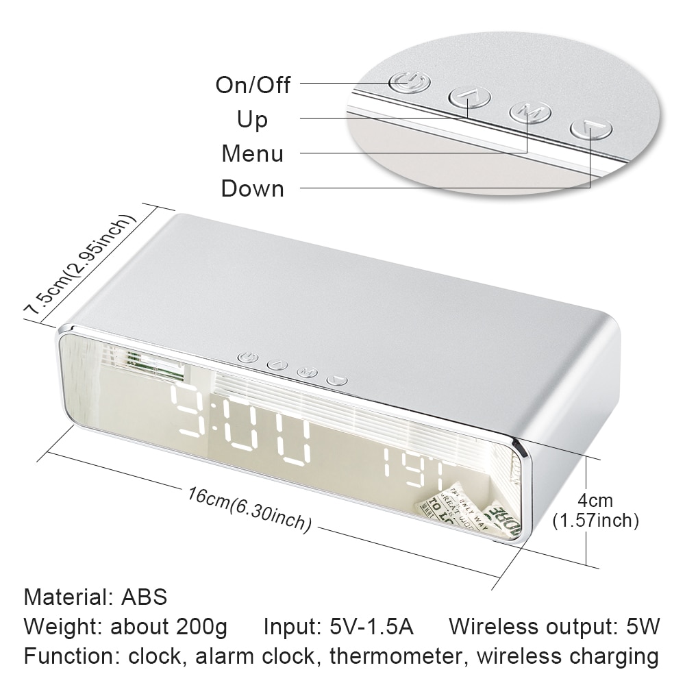 3 in1 LED Electric Alarm Clock Wireless Charger Phone Charging Pad Digital Thermometer Clock HD Clock Mirror With Time Memory