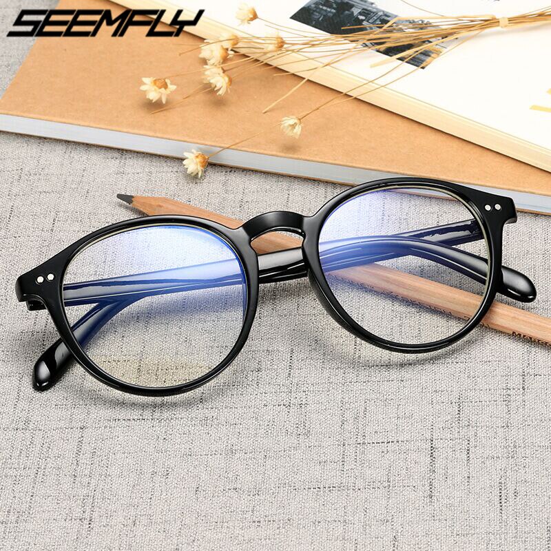 Seemfly anti blått ljus glasögon båge antireflex glasögon båge kvinnor män runda klara glas glasögon dator glasögon glasögon