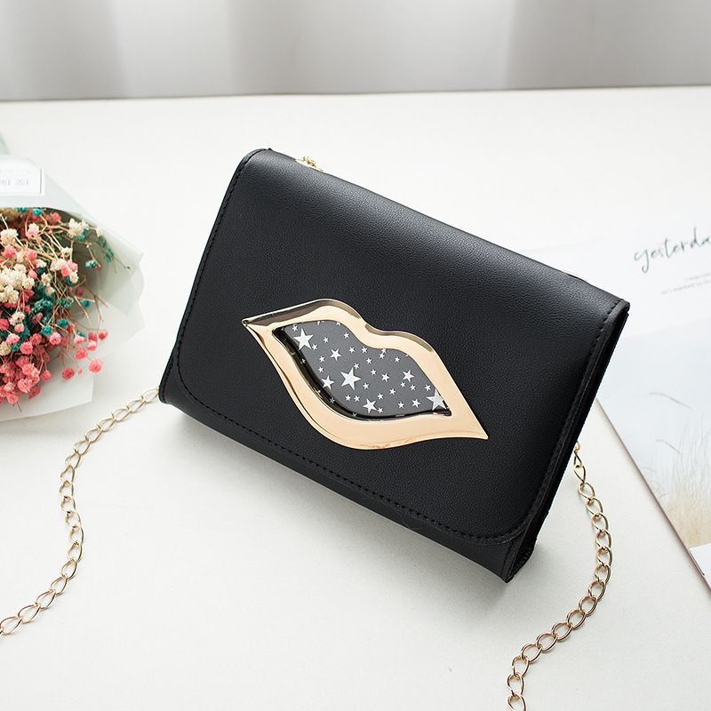 Mode Grote Lippen Schoudertas voor Vrouwen Glanzende Sterren Lederen Portemonnee Vrouwelijke Crossbody Messenger Keten Tassen Dames: black