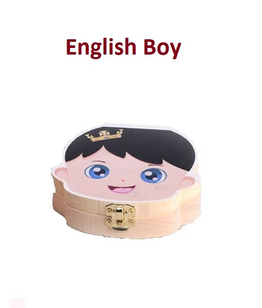 Caja de dientes de bebé colorido español inglés francés italiano caja de dientes de madera organizador guardar dientes de leche almacenamiento de madera: English Boy