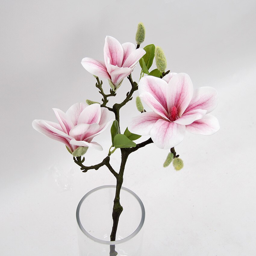 Rama de flor Magnolia abierta de 3 cabezas, flores artificiales para decoración blanca para boda, Decoración de mesa de habitación, flores artificiales