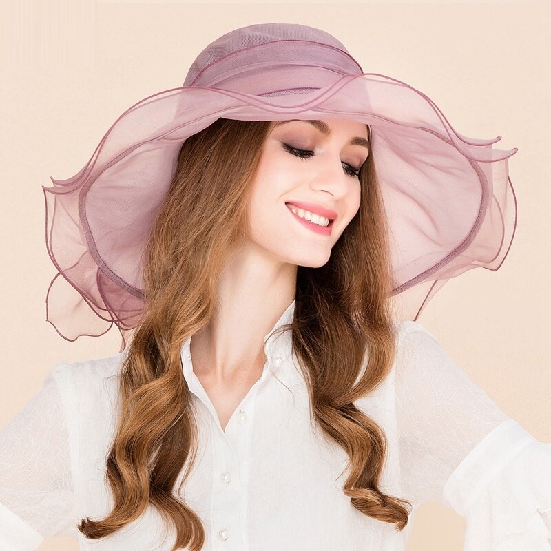 Ladies Light Purple Silk Royal Wedding Hats Women Large Wide Brim Foldable Cap with Bowknot Sombreros B-8206